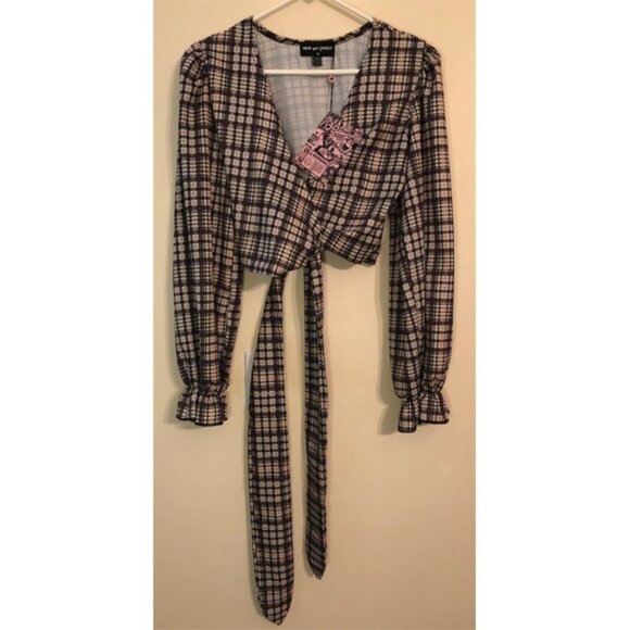 New Girl Order wrap crop top with puff sleeves in heritage check US size 6 - Picture 5 of 9